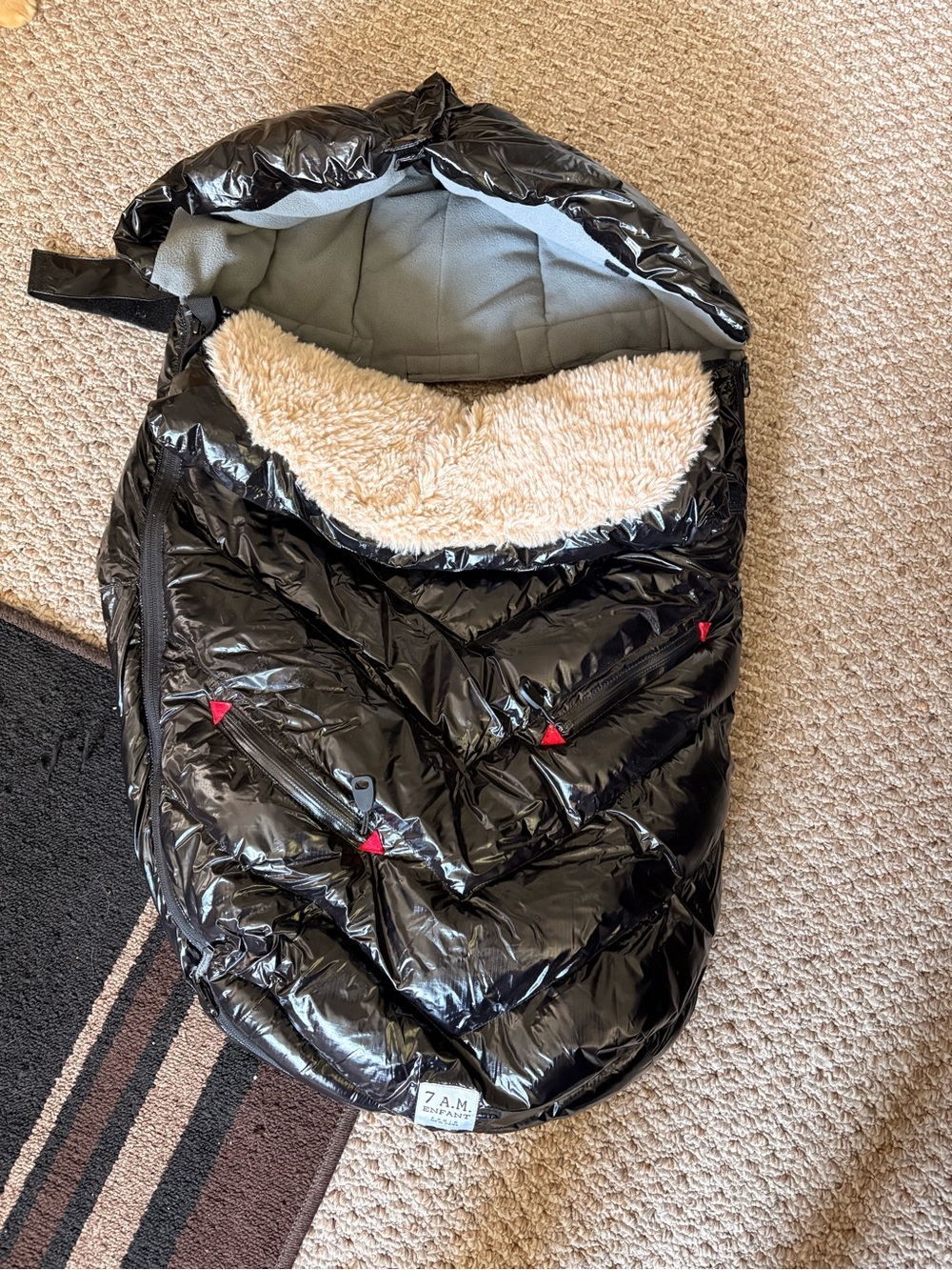 7 A.M. Enfant Black Quilted Baby Footmuff with Cream Sherpa Lining